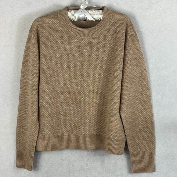 Quince Sweaters - Quince Wool Sweater Women's L Brown Camel Baby Alpaca-Wool Diamond Stitch Crew